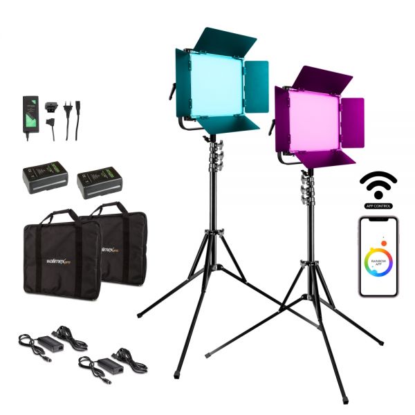 Walimex pro LED Rainbow 50W RGBWW Set 4 (2x Rainbow 50W, 2x Lampenstativ GN-806, 2x V-Mount Akku 6.6