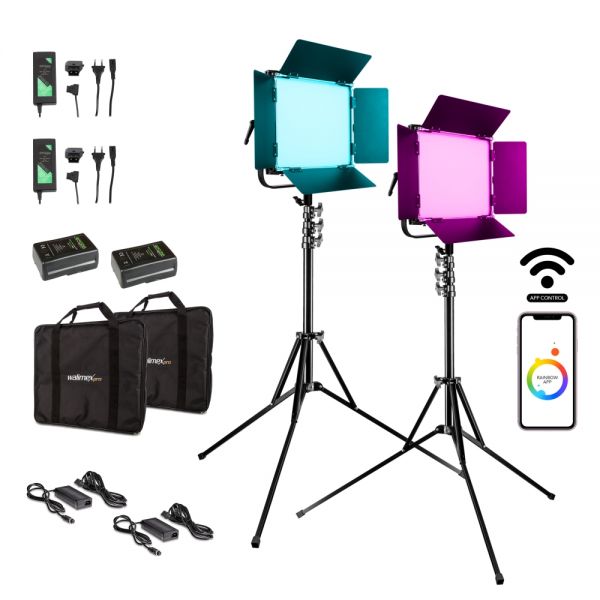 Walimex pro LED Rainbow 100W RGBWW Set 4 (2x Rainbow 100W, 2x Lampenstativ GN-806, 2x V-Mount Akku 1